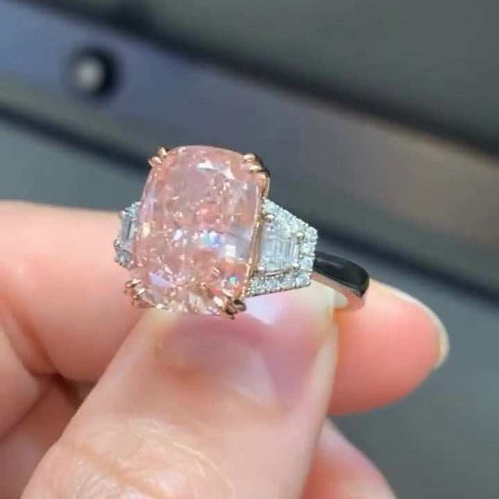 5ct Fancy Pink Cushion Lab Diamond Ring | 0.80ct Tapered Baguettes Side Stones | IGI Certified | 5.80tcw