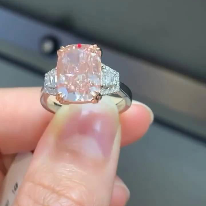 5ct Fancy Pink Cushion Lab Diamond Ring | 0.80ct Tapered Baguettes Side Stones | IGI Certified | 5.80tcw