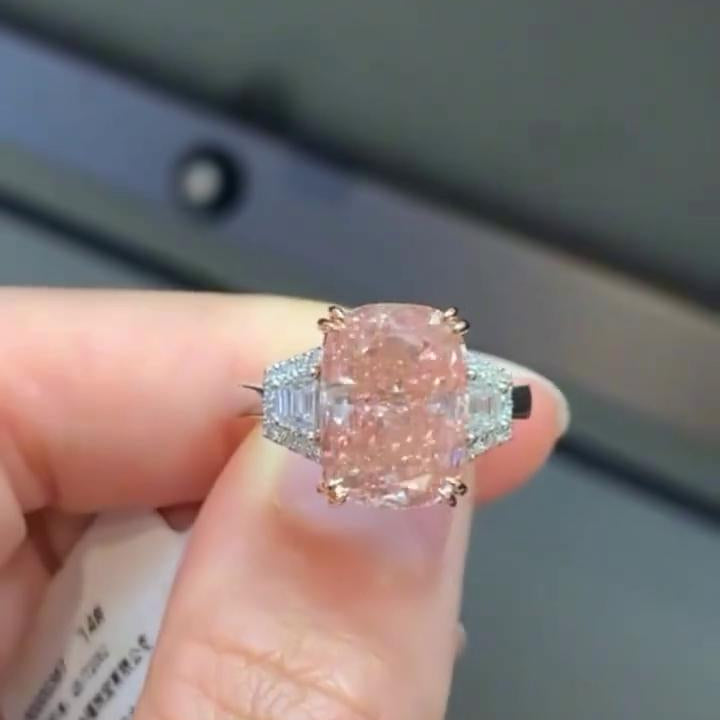 5ct Fancy Pink Cushion Lab Diamond Ring | 0.80ct Tapered Baguettes Side Stones | IGI Certified | 5.80tcw