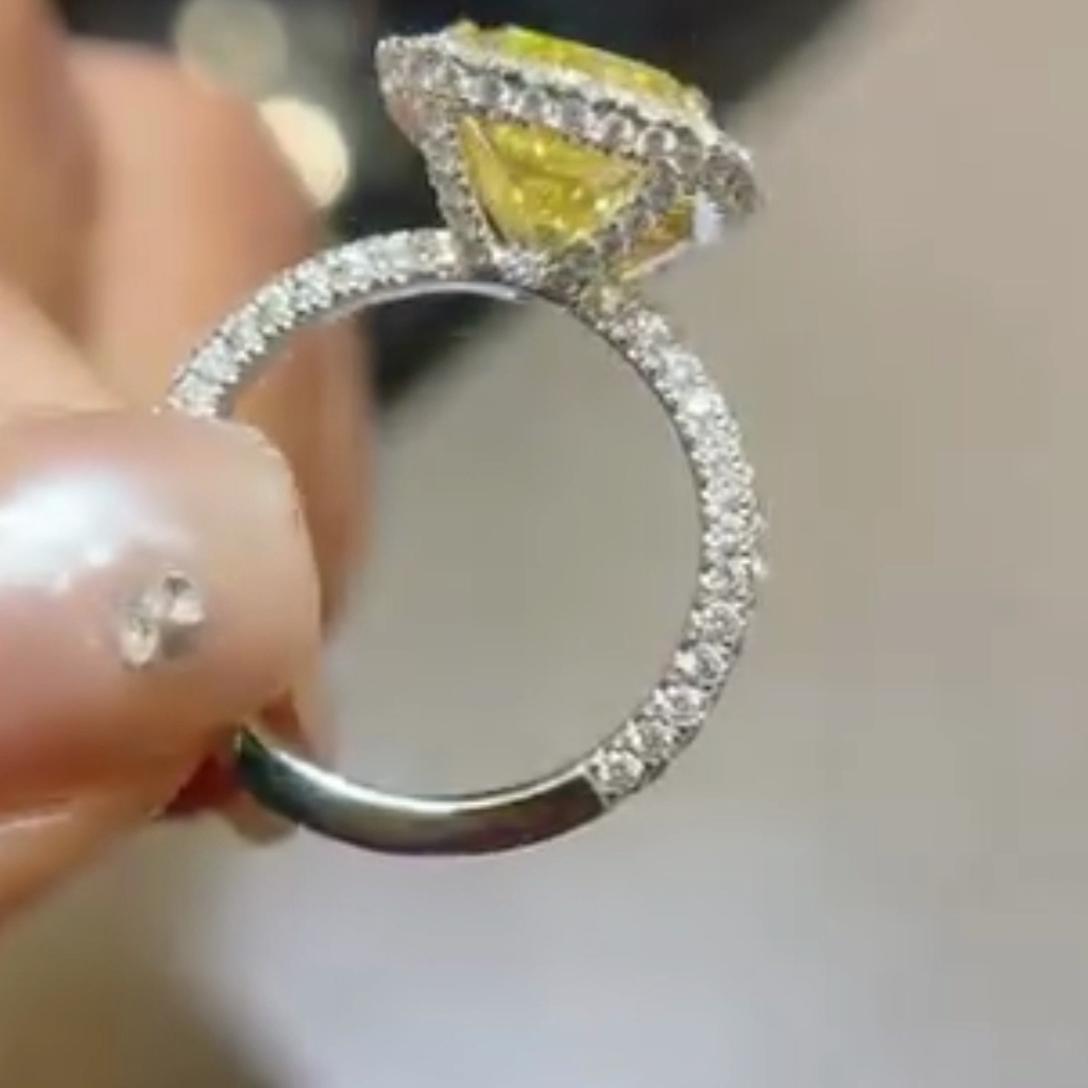Fancy Yellow 5.00tcw Cushion Lab Diamond Halo Engagement Ring | 4ct Center | IGI Certified
