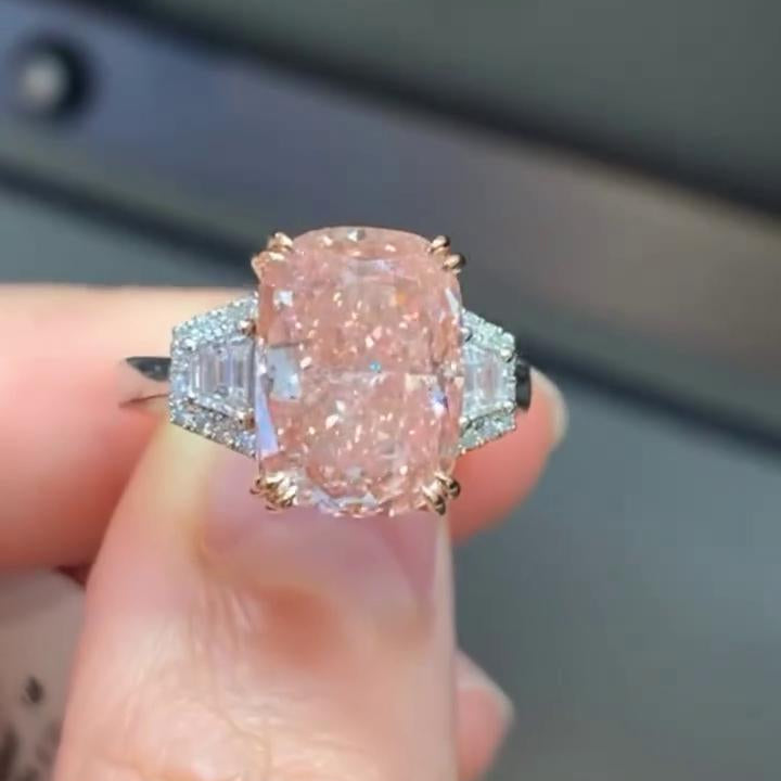 5ct Fancy Pink Cushion Lab Diamond Ring | 0.80ct Tapered Baguettes Side Stones | IGI Certified | 5.80tcw