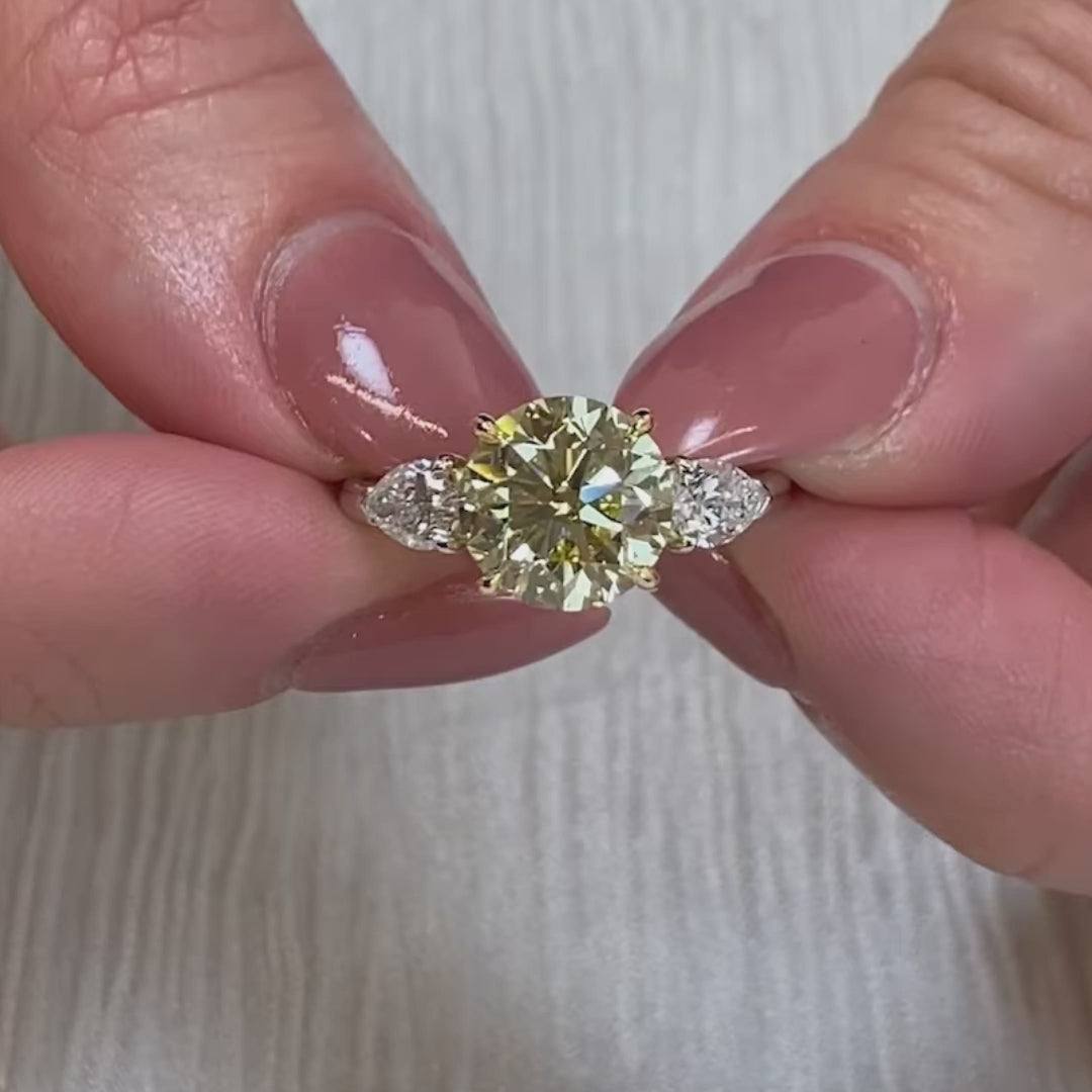 Round Fancy Yellow 3.50tcw Lab Diamond Two-Tone Three Stone Ring | IGI VS Clarity