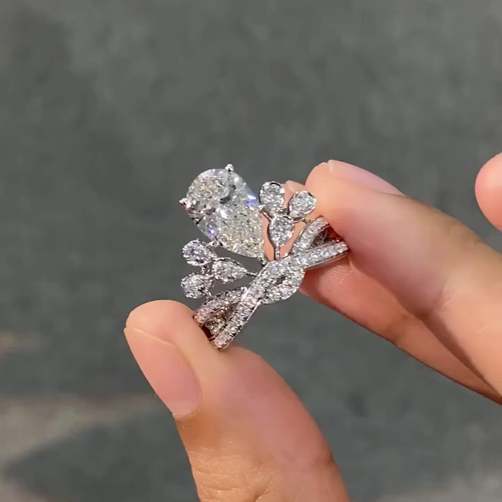 Pear 5.00tcw Lab Grown Diamond Side Stone Unique Design Engagement Ring, D-E-F Color, VVS-VS Clarity - IGI Certified