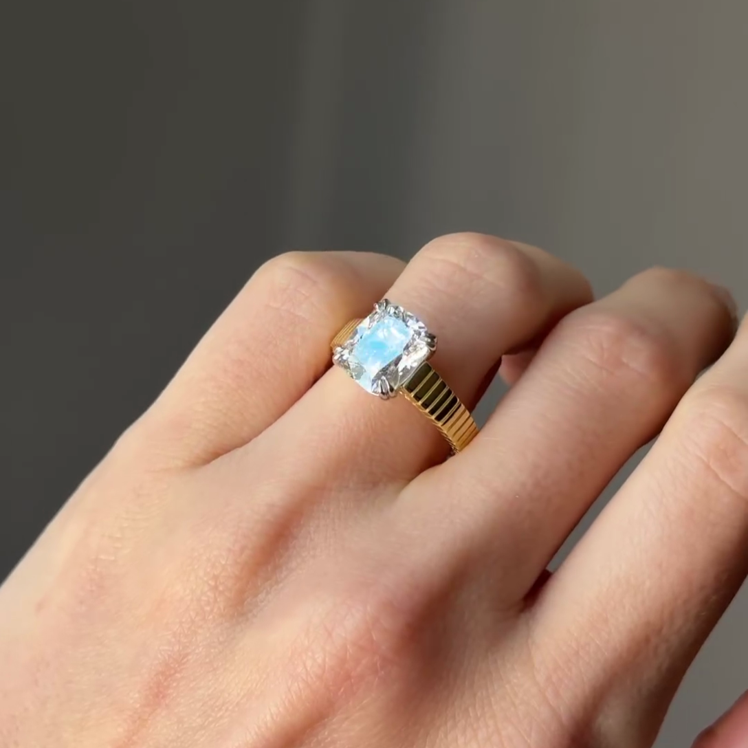 Elongated Cushion 3.00tcw Old Mine Lab Diamond Ring | Unique Band | IGI Certified | D-E-F | VVS–VS