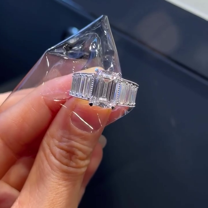 Emerald 10.00tcw Lab Diamond Side Stone Pavé Ring | IGI Certified | D-E-F | VVS–VS