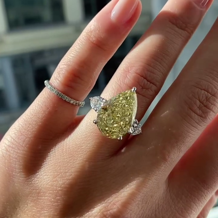 Pear Fancy Yellow 8.80tcw Lab Diamond Three Stone Ring | IGI VVS–VS