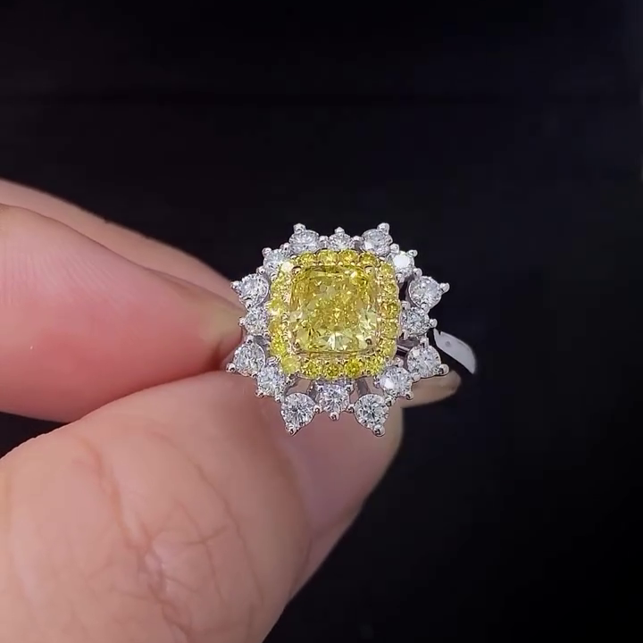 SQ Cushion Fancy Yellow Color 2.30tcw Lab Grown Diamond Double halo Engagement Ring, EF Color, VS Clarity
