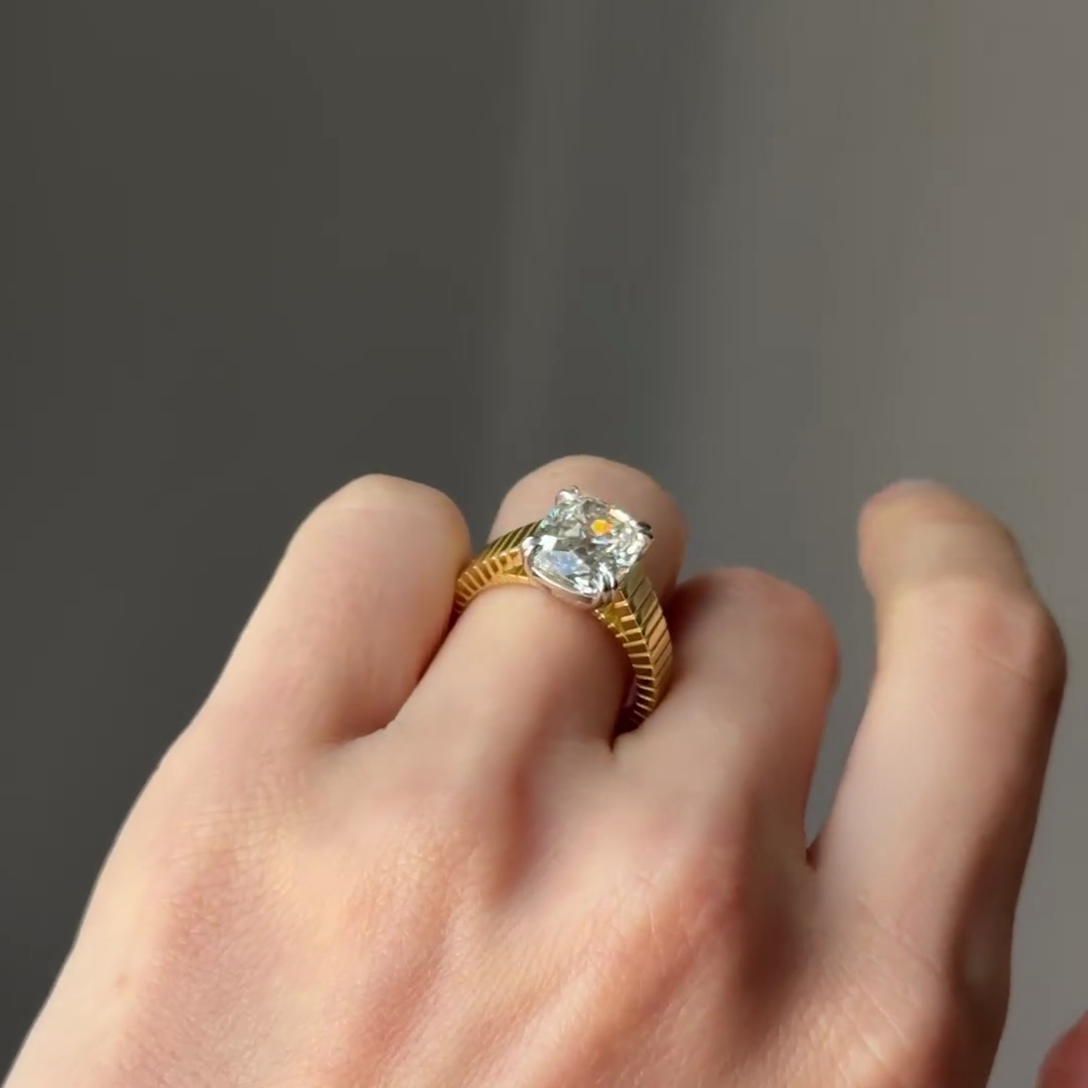 Elongated Cushion 3.00tcw Old Mine Lab Diamond Ring | Unique Band | IGI Certified | D-E-F | VVS–VS