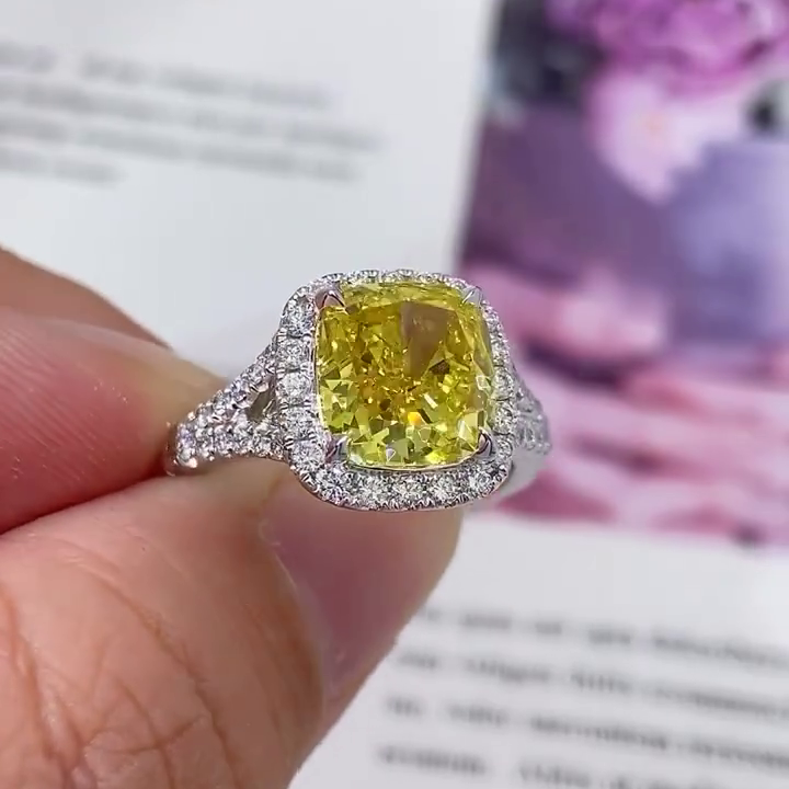 3.50tcw Fancy Yellow SQ.Cushion Lab Diamond Ring | Halo Split Style | IGI Certified