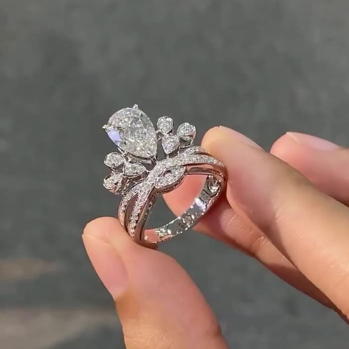 Pear 5.00tcw Lab Grown Diamond Side Stone Unique Design Engagement Ring, D-E-F Color, VVS-VS Clarity - IGI Certified
