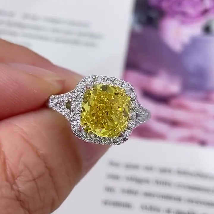 3.50tcw Fancy Yellow SQ.Cushion Lab Diamond Ring | Halo Split Style | IGI Certified