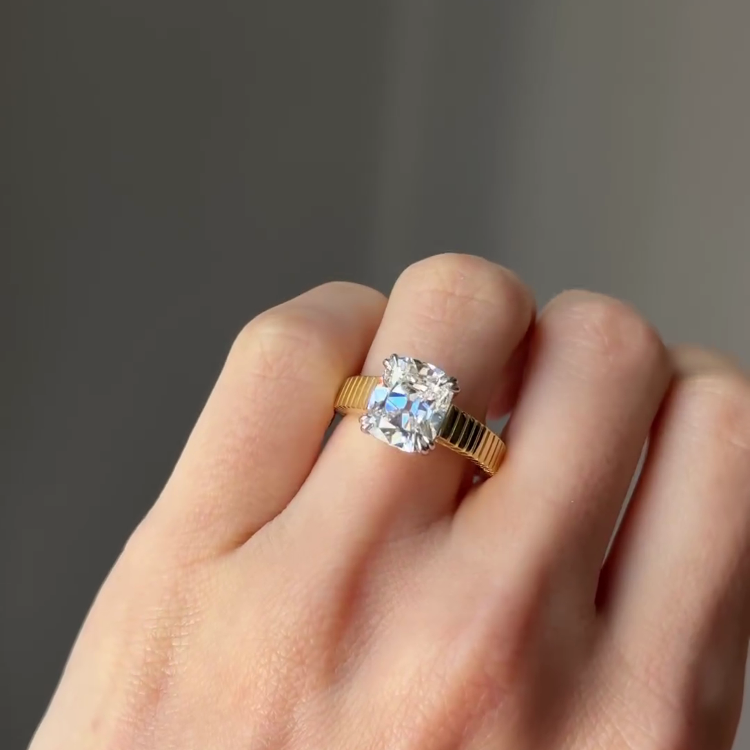 Elongated Cushion 3.00tcw Old Mine Lab Diamond Ring | Unique Band | IGI Certified | D-E-F | VVS–VS