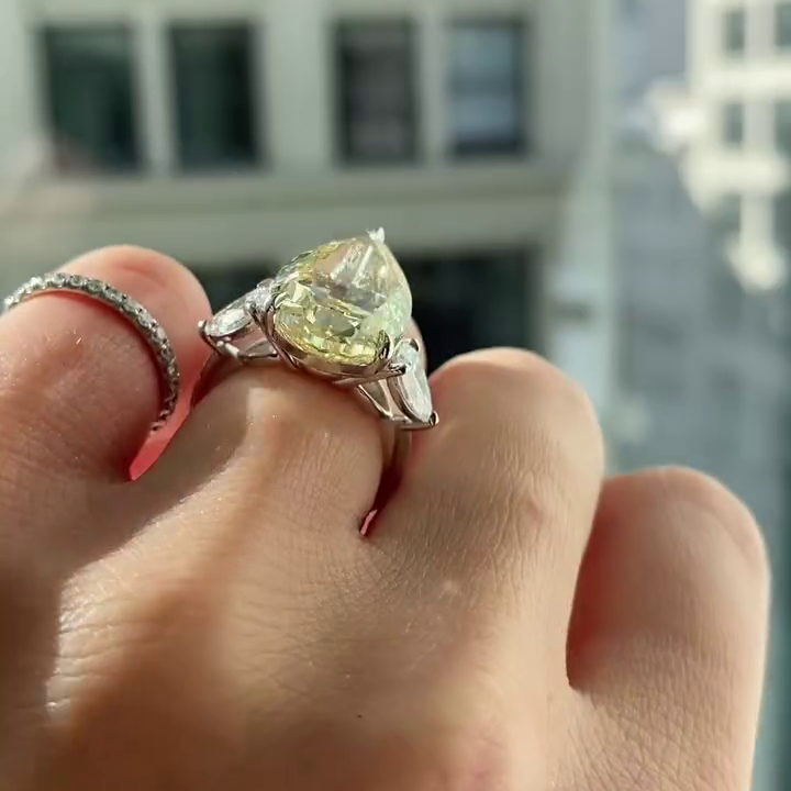 Pear Fancy Yellow 8.80tcw Lab Diamond Three Stone Ring | IGI VVS–VS