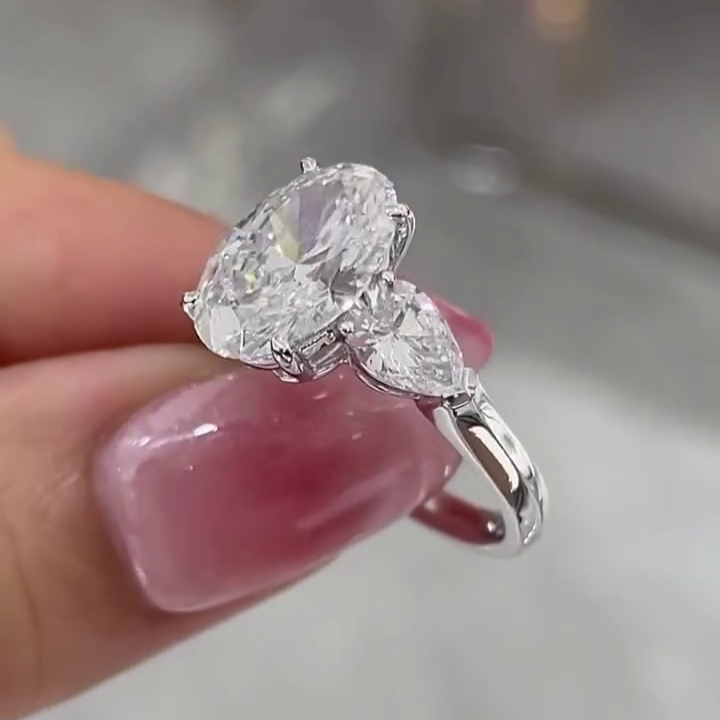 Oval 6.00tcw Lab Grown Diamond Three Stone Cathedral Engagement Ring | D-E-F Color | VVS–VS Clarity | IGI Certified | Luxe Bridal Ring