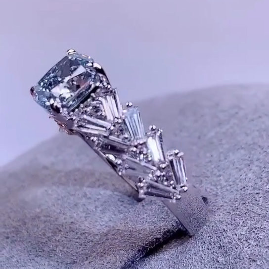 Cushion Blue 1.00tcw Lab Grown Diamond Baguette Accent Engagement Ring | White Gold | D-E-F Color | VVS-VS Clarity | IGI Certified