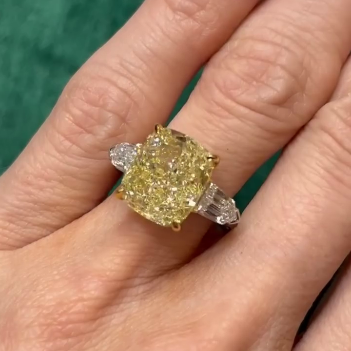Fancy Yellow 6.50tcw Cushion Lab-Grown Diamond Bullet Side Stone Engagement Ring | IGI