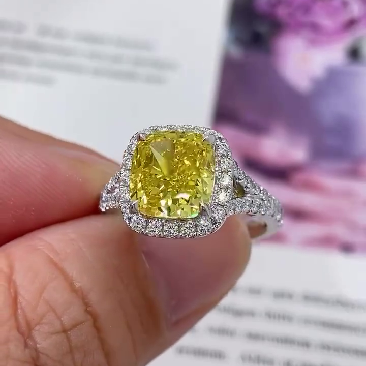 3.50tcw Fancy Yellow SQ.Cushion Lab Diamond Ring | Halo Split Style | IGI Certified