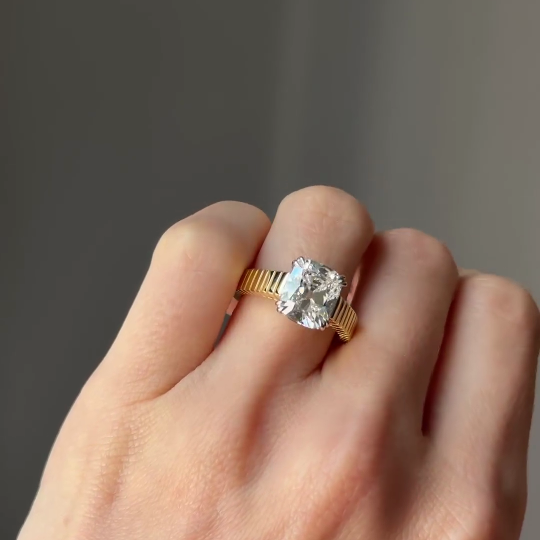 Elongated Cushion 3.00tcw Old Mine Lab Diamond Ring | Unique Band | IGI Certified | D-E-F | VVS–VS