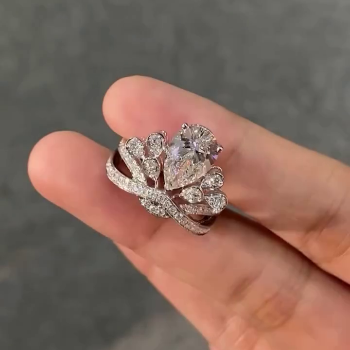 Pear 5.00tcw Lab Grown Diamond Side Stone Unique Design Engagement Ring, D-E-F Color, VVS-VS Clarity - IGI Certified