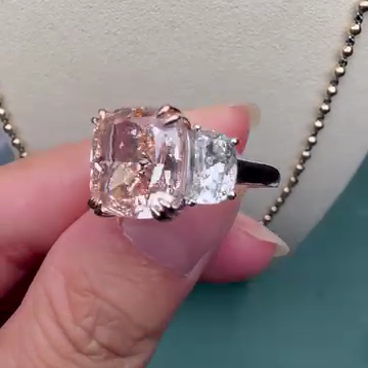 Fancy Pink 7.00tcw Lab Diamond 3-Stone Engagement Ring | 5ct Cushion Center + 2ct Side Stones | IGI Certified