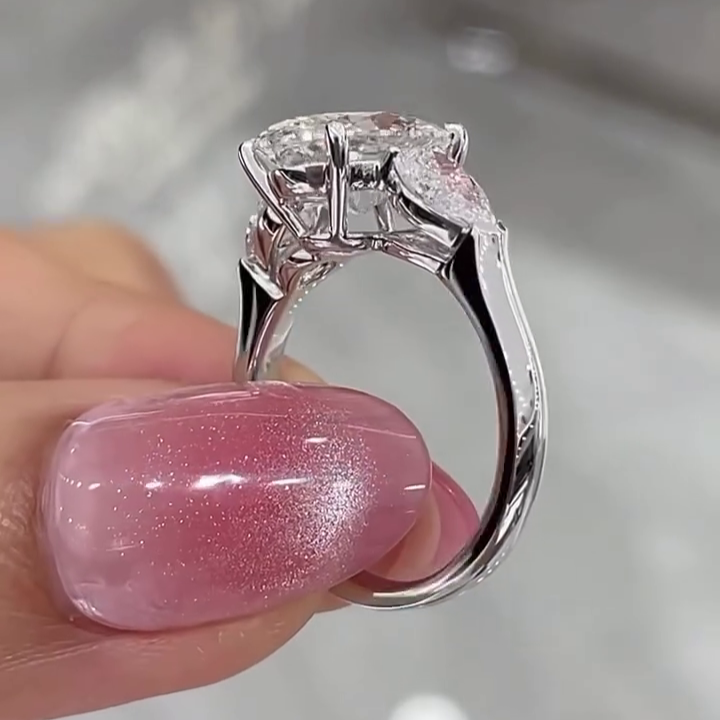 Oval 6.00tcw Lab Grown Diamond Three Stone Cathedral Engagement Ring | D-E-F Color | VVS–VS Clarity | IGI Certified | Luxe Bridal Ring