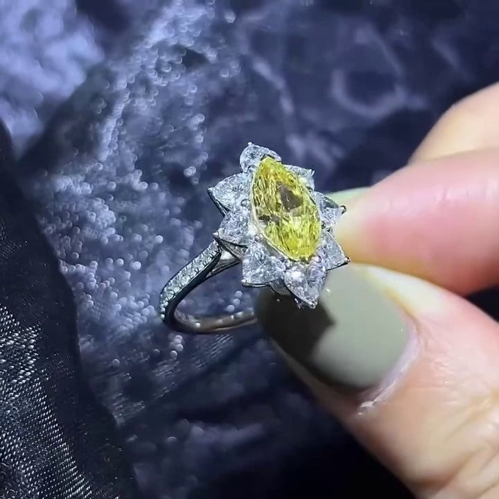 Marquise Fancy Yellow 6.10tcw Lab Diamond Heart Halo Ring | IGI Certified | VVS–VS