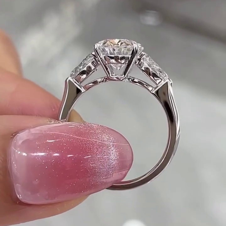 Oval 6.00tcw Lab Grown Diamond Three Stone Cathedral Engagement Ring | D-E-F Color | VVS–VS Clarity | IGI Certified | Luxe Bridal Ring