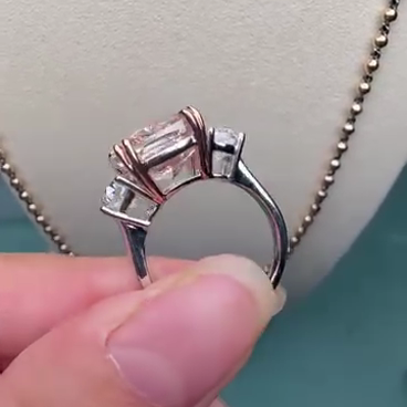 Fancy Pink 7.00tcw Lab Diamond 3-Stone Engagement Ring | 5ct Cushion Center + 2ct Side Stones | IGI Certified