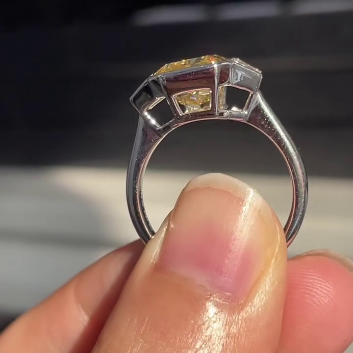 Fancy Yellow Radiant Cut 8.00tcw Lab Grown Diamond Ring | 2.00ct Baguette Side Stones | IGI Certified | Three Stone Ring | White Gold Ring