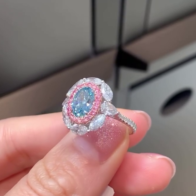 Oval Fancy Blue 3.30tcw Lab Grown Diamond Pink Round And Marquise Double Halo Pave Engagement Ring