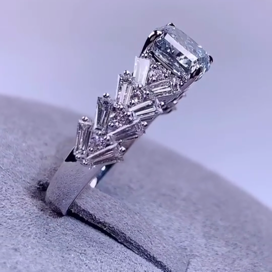 Cushion Blue 1.00tcw Lab Grown Diamond Baguette Accent Engagement Ring | White Gold | D-E-F Color | VVS-VS Clarity | IGI Certified