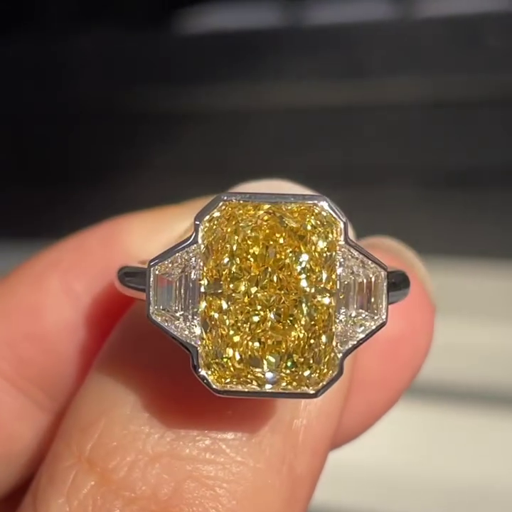 Fancy Yellow Radiant Cut 8.00tcw Lab Grown Diamond Ring | 2.00ct Baguette Side Stones | IGI Certified | Three Stone Ring | White Gold Ring