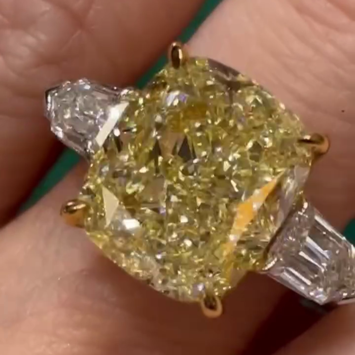 Fancy Yellow 6.50tcw Cushion Lab-Grown Diamond Bullet Side Stone Engagement Ring | IGI