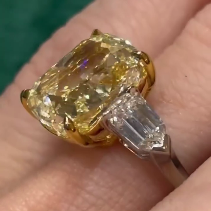 Fancy Yellow 6.50tcw Cushion Lab-Grown Diamond Bullet Side Stone Engagement Ring | IGI