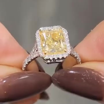 Fancy Yellow 4.00tcw Radiant Lab Diamond Halo Ring | Halo Setting | IGI Certified | VVS–VS Clarity