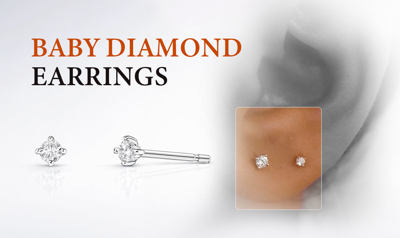 Small diamond baby earrings shown on ear with secure stud design