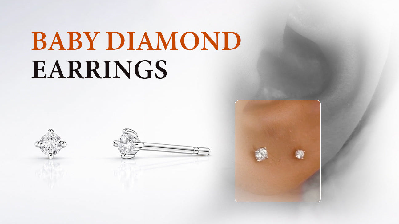 Small diamond baby earrings shown on ear with secure stud design