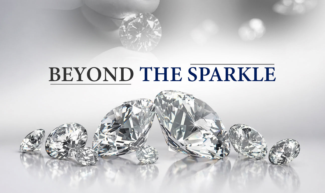 Collection of sparkling ethical diamonds with ‘Beyond the Sparkle’ text banner representing responsible diamond sourcing