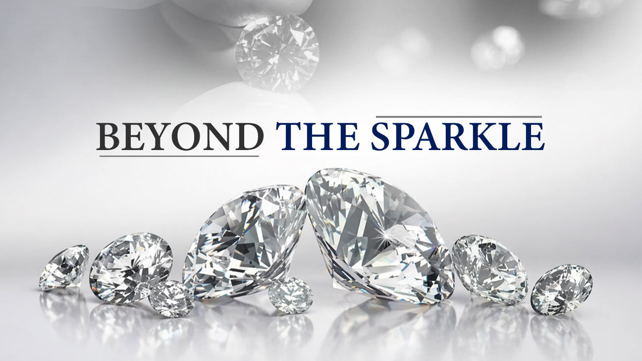 Collection of sparkling ethical diamonds with ‘Beyond the Sparkle’ text banner representing responsible diamond sourcing