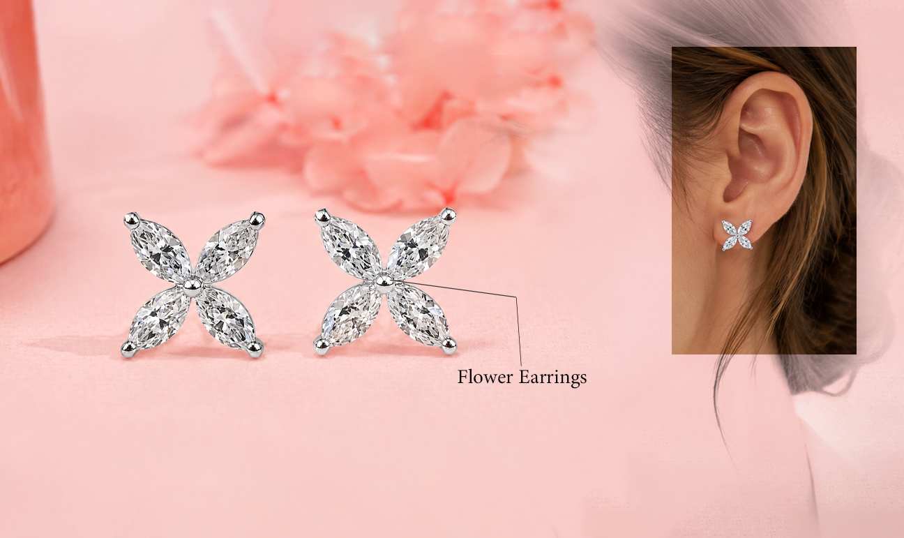 Diamond flower stud earrings with four marquise-cut stones on a soft pink background, shown alongside a close-up of the earrings worn on the ear.