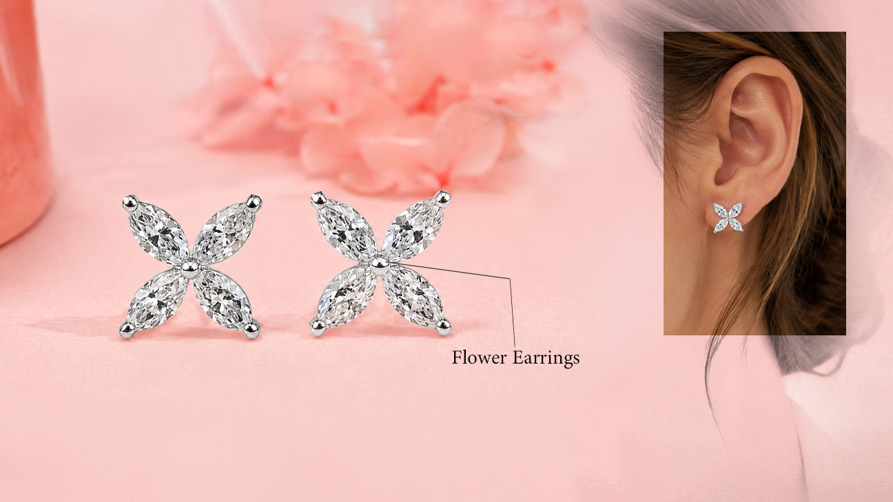 Diamond flower stud earrings with four marquise-cut stones on a soft pink background, shown alongside a close-up of the earrings worn on the ear.