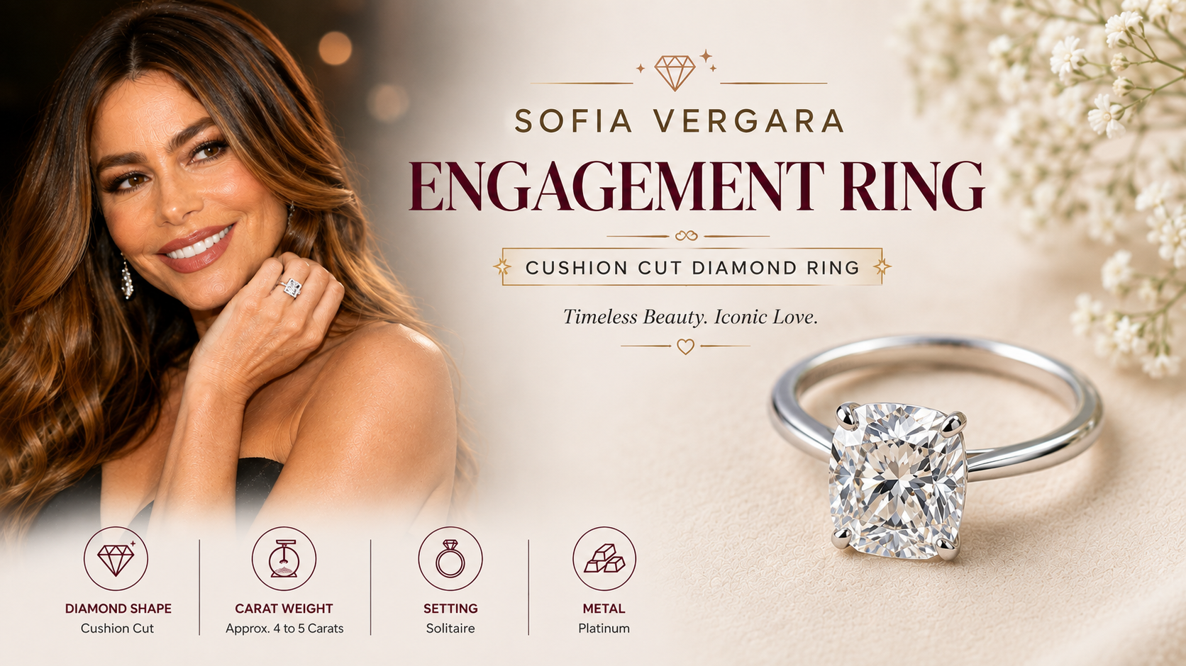 Sofia Vergara Engagement Ring - Cushion Cut Diamond Ring