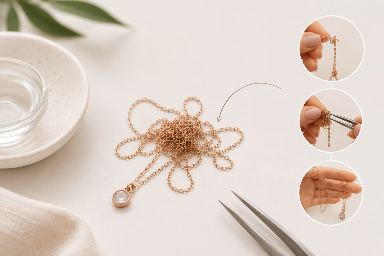 Tangled gold necklace with tools for gentle untangling.