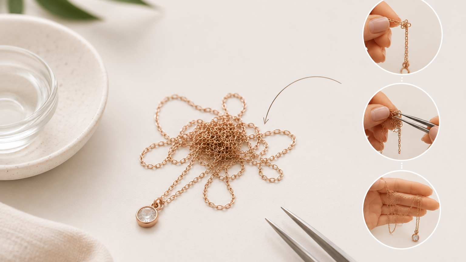 Tangled gold necklace with tools for gentle untangling.