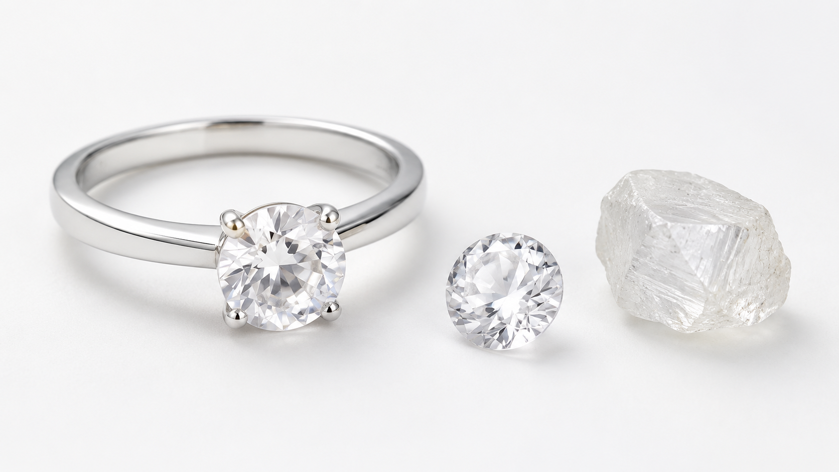 White sapphire solitaire ring with loose white sapphire stone and raw crystal on a minimal white background.