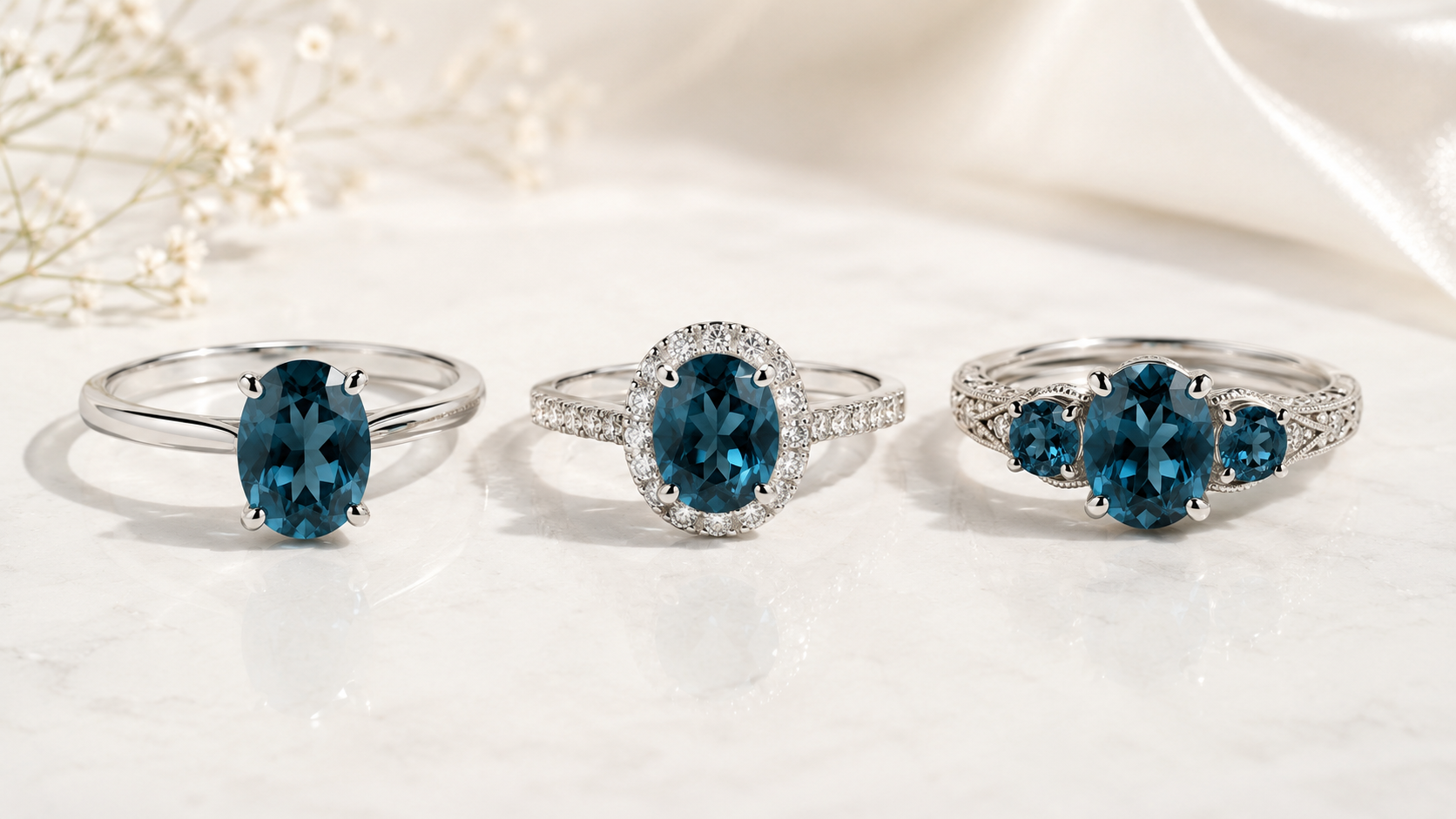 London blue topaz rings in solitaire, halo, and three-stone settings on a light background.