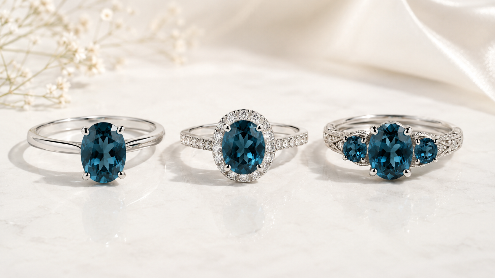 London blue topaz rings in solitaire, halo, and three-stone settings on a light background.