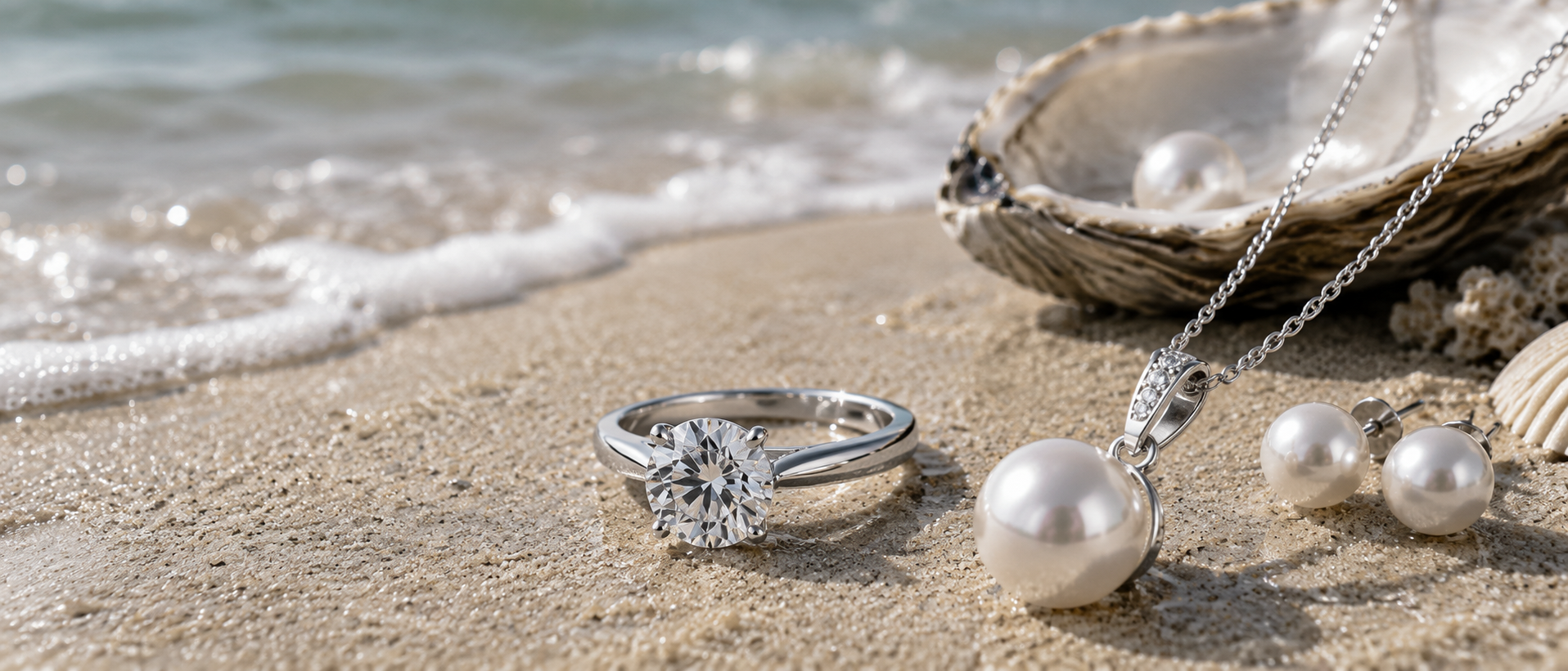 Diamond ring and pearl jewelry on sandy beach with oyster shell.