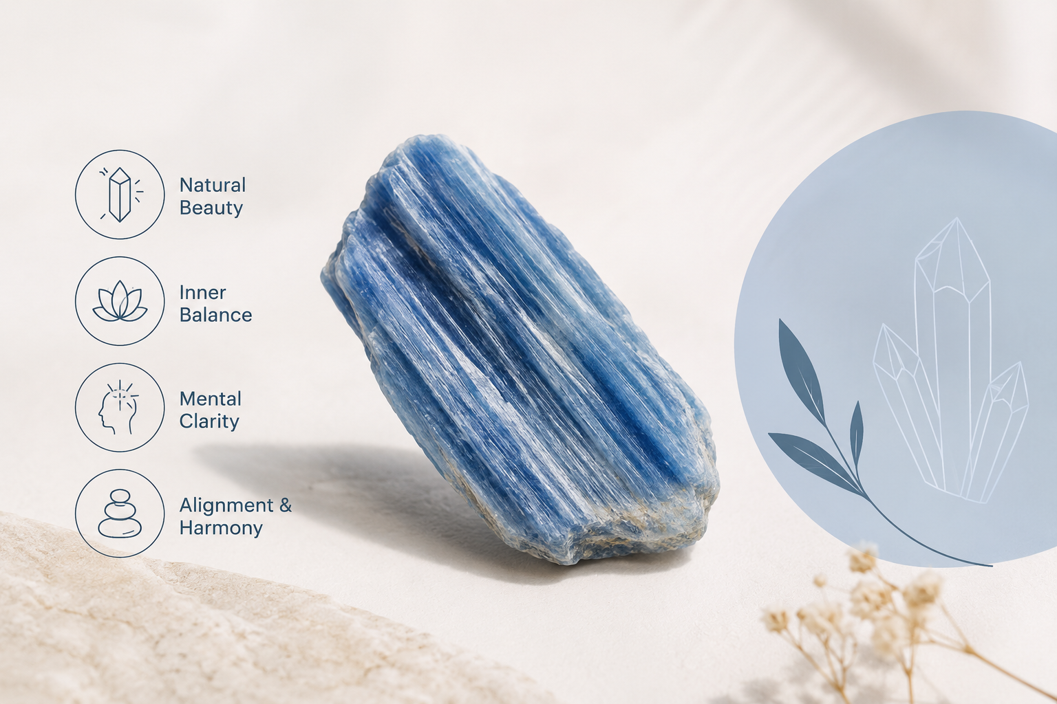 Blue kyanite stone with natural beauty and balance icons