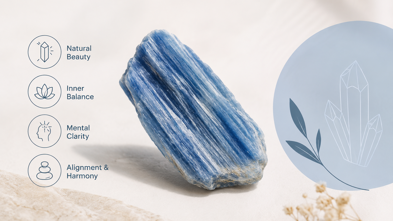 Blue kyanite stone with natural beauty and balance icons